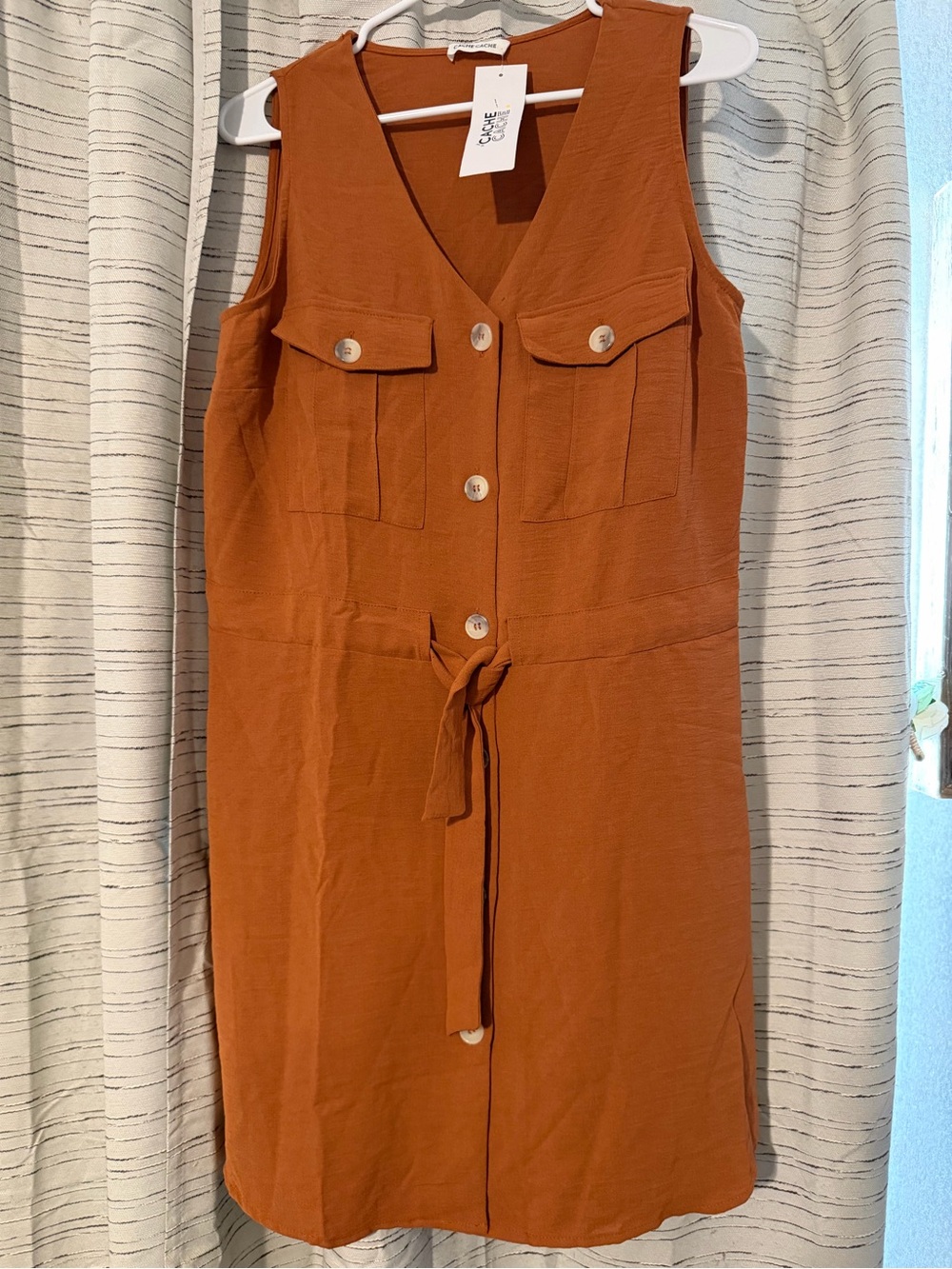 Cache Cache NWT Rust Orange Sleeveless Button Front Tie Waist Dress Size 40 EU